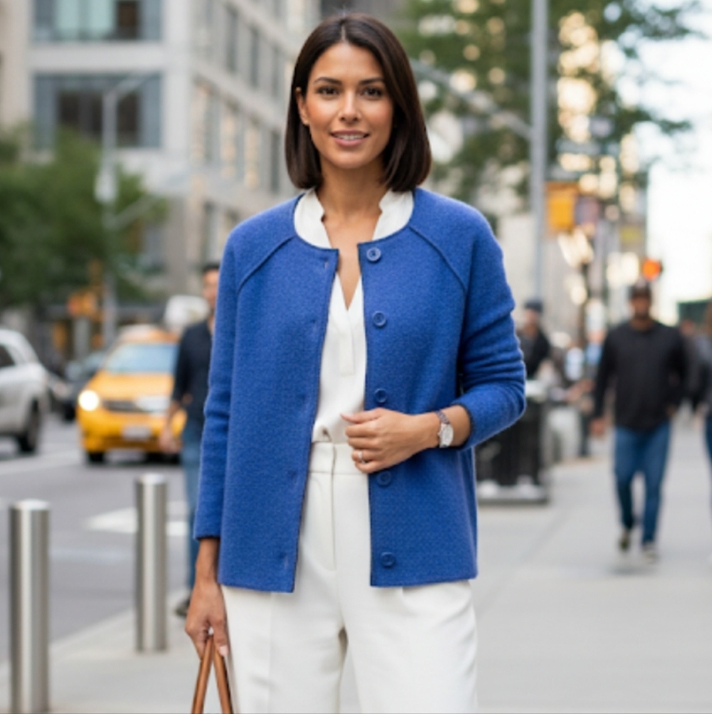 Maryse & Mary Made Italy Blue Button-Up Wool Cardigan Jacket Cobalt Blue Large